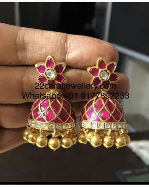 Ruby Jumka, Polki Chandbali, Kundan Jhumkas, Gold Jhumka Earrings, Labret Jewelry, Silver Jewellery Indian, Simple Look, Antique Gold Jewelry, Traditional Earrings