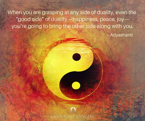 "When you are grasping at any side of duality, even the 'good side' of duality—happiness, peace, joy—you're going to bring the other side along with you." ~ Adyashanti Duality Quotes, Non Duality, Acceptance Quotes, Meditation Benefits, Meditation Techniques, Eckhart Tolle, Spiritual Enlightenment, Spiritual Awakening, Quote Prints