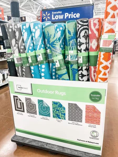 Mainstays outfit rugs at Walmart for under $24! Click to shop Outdoor Rugs Cheap, Door Rugs, Backyard Ideas, Porch Swing, String Lights, Outdoor Rugs, Outdoor Dining, Back Garden Ideas