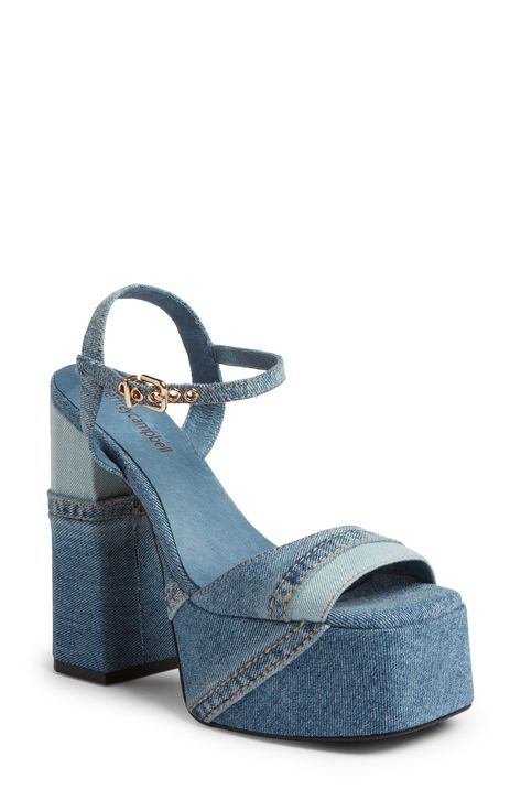 Jeffrey Campbell Girlfriend Platform Sandal available at #Nordstrom High Heels Outfit, White Wedge Sandals, Chunky Platform Sandals, Trending Sandals, Patchwork Denim, Hype Shoes, Girly Shoes, Denim Shoes, Socks And Sandals