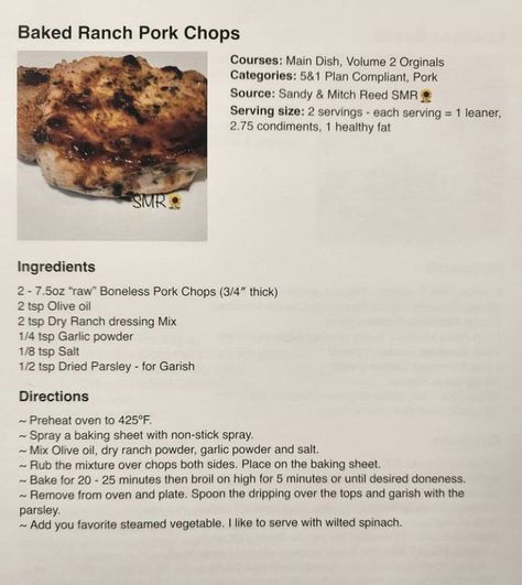 Optavia Lean And Green Pork Chop Recipes, Optavia Baked Chicken Recipes, Optavia Pork Chop Recipes, Optavia Pork Tenderloin, Optavia Chicken Bacon Ranch Bake, Dry Ranch Dressing Mix, Ranch Pork Chops, Dry Ranch Dressing, Pork Chop Recipes Baked