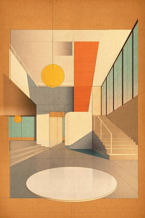 Sander Patelski, Interior Composition, Architecture Graphics, Mid Century Modern Interiors, Architecture Poster, Architecture Rendering, Architecture Illustration, Mid Century Modern Art, Limited Edition Art Print