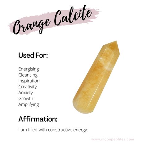 Orange Calcite Properties, Orange Calcite Crystal Meaning, Orange Calcite Meaning, Focus Crystals, Calcite Crystal Meaning, Crystals For Energy, Crystal Knowledge, Energy Inspiration, Orange Gemstones