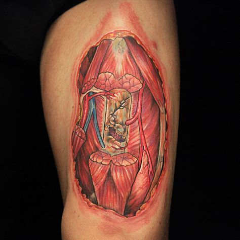 Realistic Medical Anatomical Tattoo by James Harvey Anatomy Tattoo Ideas, Anatomical Tattoo, Anatomical Tattoos, Flesh Tattoo, Anatomy Tattoo, Tattoo Artists Near Me, Medical Tattoo, C Tattoo, Trending Tattoo