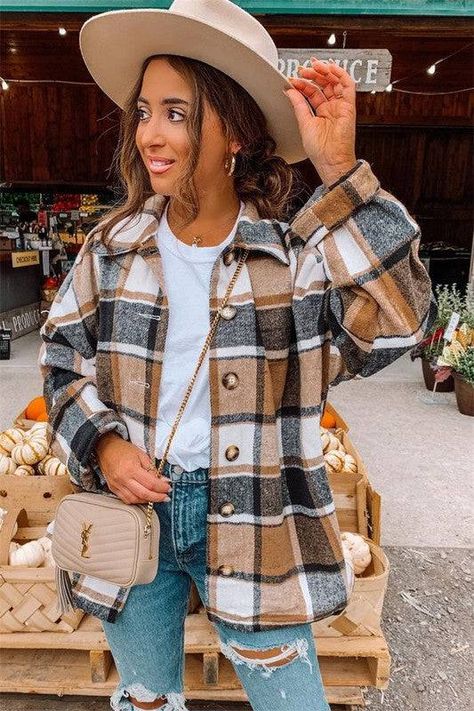 Brown Oversized Flannel - Isla Boutique Long Sleeve Loose Blouse, Fall Winter Coat, Buttoned Shirt, Orange Plaid, Gray Plaid, Loose Blouse, Plaid Print, Jacket Sale, Button Shirt