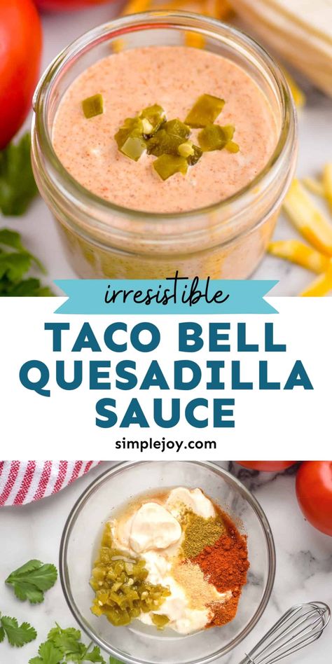 Taco Bell Quesadilla Sauce is the secret ingredient to making quesadillas over to top delicious! Made with just a few simple ingredients already in your pantry, this sauce will become a staple in your house. Chicken Quesadillas Taco Bell, Taco Bell Quesadilla Sauce, Quesadilla Sauce, Taco Bell Quesadilla, Taco Bell Sauce, Secret Sauce Recipe, How To Make Quesadillas, Chicken Quesadilla Recipe, Homemade Sauce Recipes