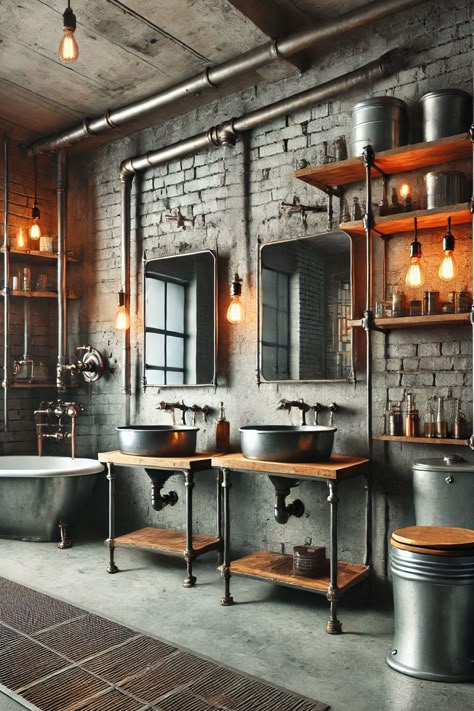 Top Bathroom Decor Themes for Your Remodel - HomeAddons Industrial Ensuite Bathroom, Bathroom Ideas Industrial, Kitchen Shelves Industrial, Industrial Bathroom Inspiration, Industrial Modern House, Loft Design Industrial, Tin Garage, Bachelor Bathroom, Industrial Bathroom Ideas