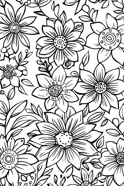 Intricate flowers allover pattern template featuring bold floral elements for painting. Printable Drawings To Paint, Printable Painting Templates, Flowers Allover, Free Adult Coloring Printables, Coloring Printables, Adult Colouring Printables, Printable Ideas, Pattern Template, Diy Canvas Wall Art