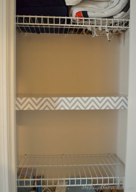 How to change up wire shelves for less than $10 Wire Shelf Covers, Wire Closet Shelving, Shelf Makeover, Bathroom Closet Organization, Organized Closet, Shelf Cover, Yard Sale Finds, Wire Shelves, Bathroom Closet