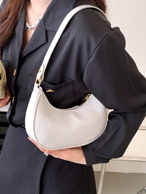 White Elegant   PU Leather Plain Baguette Bag Embellished   Women Bags Baguette Bags Aesthetic, Ladies Handbags Style, Small Handbags Aesthetic, Bag For Casual Outfit, Handbag Aesthetic Outfit, Elegant Shoulder Bag, White Leather Bag Outfit, Cute Hand Bags Aesthetic, White Baguette Bag Outfit