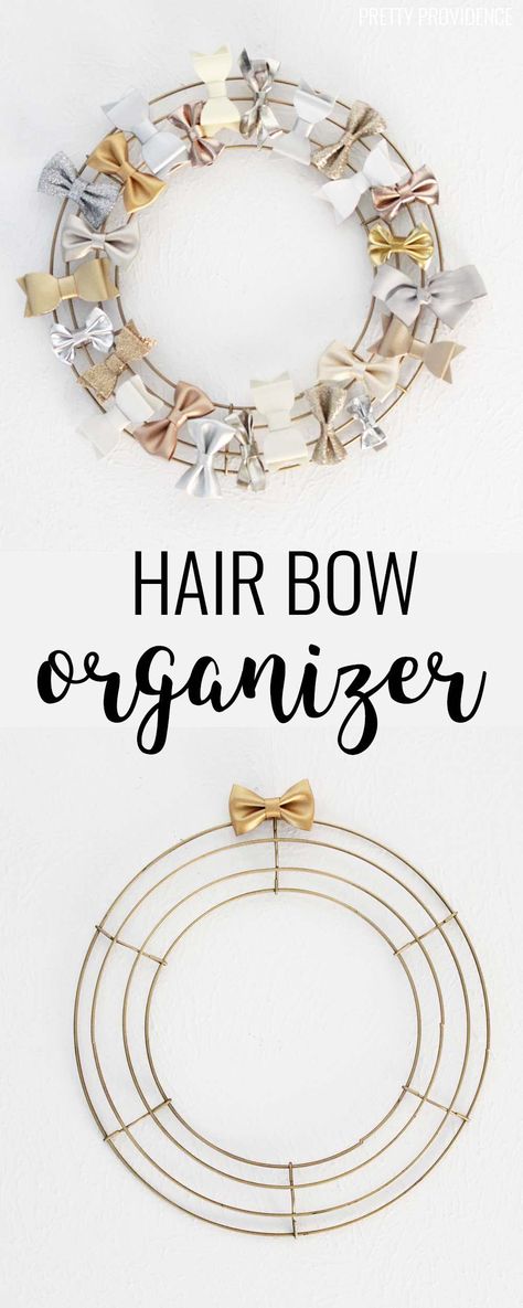 This is a great way to organize girls' bows! All you need is a wreath form and some spray paint! Dollar Tree Storage, Bow Storage, Hair Bow Organizer, Bow Organizer, Organizing Hair Accessories, Closet Organization Diy, Christmas Hair Bows, Hair Bow Holder, Christmas Hair