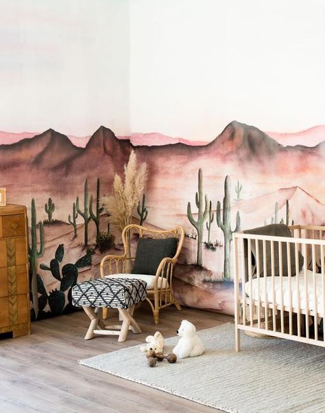 Desert Wallpaper Pinks, Reds, Orange, Sedona Mural for Walls | anewall – Anewall Western Nursery, Desert Theme, Nursery Wall Murals, Mural Ideas, Desert Painting, Nursery Baby Room, Unique Wallpaper, Retro Wallpaper, Baby's Room