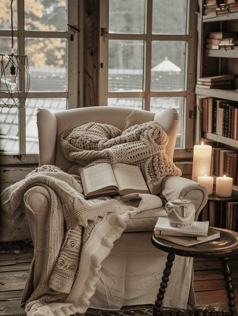 Cozy Boho Bedroom: Reading Nook with Armchair, Blanket, and Books Bedroom Reading Nook, Cozy Boho Bedroom, Cozy Up Your Home, Library Bedroom, Comfortable Armchair, Wallpaper Walls Decor, Hippie Decor, Living Room Windows, Cozy Reading Nook