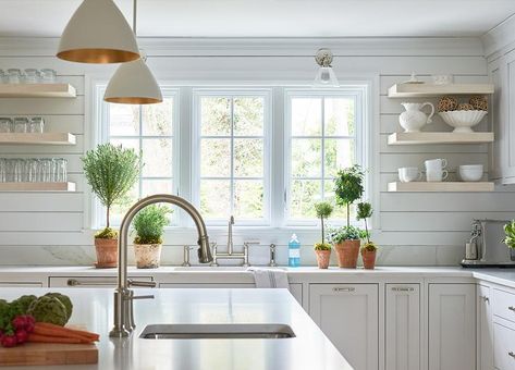 Blond Wood Floating Shelves on Shiplap Kitchen Wall - Transitional - Kitchen Blue Glass Backsplash, White Kitchen Stools, Wallpaper On The Ceiling, Shiplap Trim, Shiplap Kitchen, Top Kitchen Cabinets, White Shaker Kitchen Cabinets, White Shaker Kitchen, White Shiplap Wall