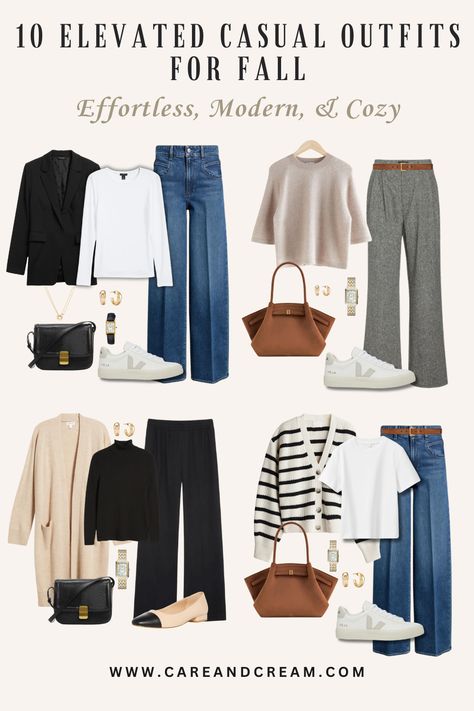 Elevated casual fall outfits for women—a curated collection of 10 autumn outfit options that combine ease with style. Get inspired by our fall fashion outfits and create your own fall outfit ideas. Boost your fall style and build a versatile fall capsule wardrobe. Discover cute, classy, and cozy everyday fall outfits; this is a must-read for anyone loving casual fall fashion. 35 Womens Fashion, Everyday Work Outfits Casual, Elevated Fall Fashion, Outfit Ideas Woman Over 40, Outfit Ideas 2024 Fall, Midsize Fashion Over 50, Fall 2024 Travel Outfits, Cool Capsule Wardrobe, Brunette Fall Outfits