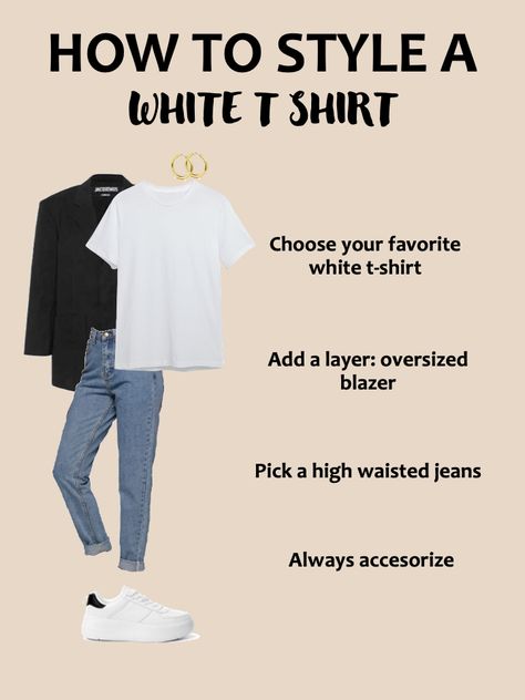 How to style your favorite white tshirt! Tshirt Styling, White Tshirt Outfit, Basic White Tee, Outfit White, Fashion Bug, Jewelry Outfit, Tshirt Outfits, Oversized Blazer, Casual T Shirt