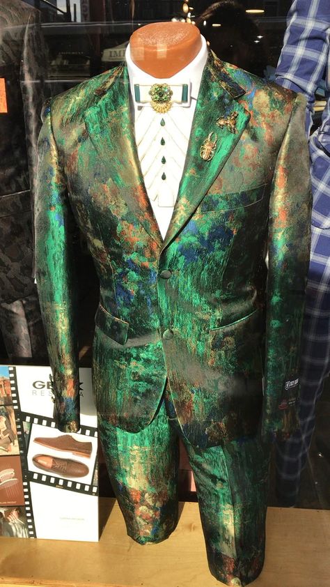 Enchanted Forest Homecoming Outfit Men, Green Prom Suit Guys, Rainbow Suit Mens, Metallic Suit Men, Flashy Suits Men, Mens Glam Fashion, Suits With Harness, Whimsical Suits For Men, Interesting Suits Men