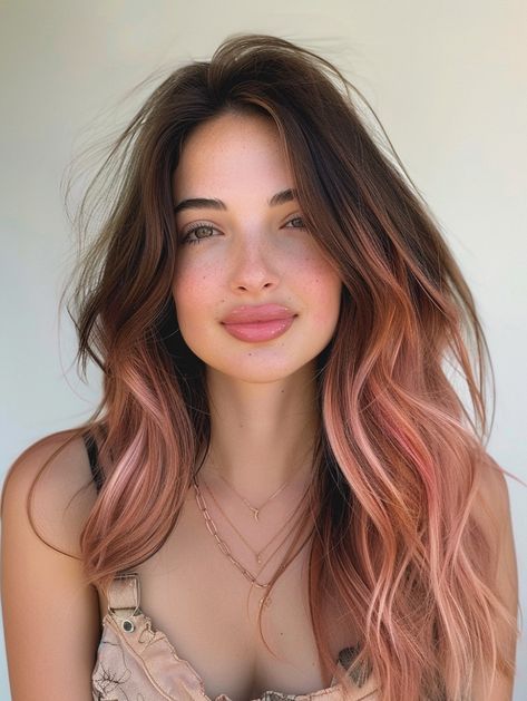 Brunette And Rose Gold Balayage, Rose Gold Hair Copper, Low Maintenance Pink Hair, Colored Hair With Dark Roots, Rosewood Hair Color, Fun But Professional Hair Color, Rose Gold Hair Dark Roots, Chocolate Rose Gold Hair, Low Maintenance Hair Color For Dark Hair