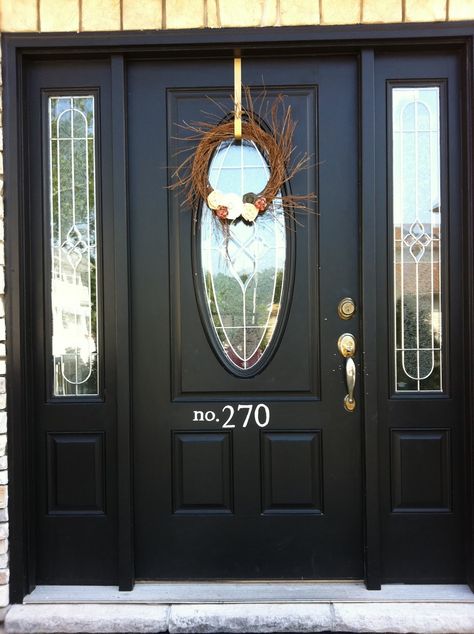 Oval Glass Front Door, Front Door Inspiration, Black Front Door, Front Porch Makeover, Front Door Styles, Front Door Makeover, Front Door Paint Colors, Oval Window, Porch Colors