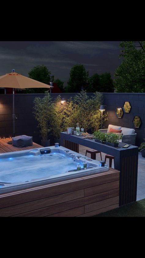 Modern Backyard Hottub, Jacuzzi Deck, 25 Beautiful Homes, Hot Tub Swim Spa, Hot Tub Surround, Dream Home Gym, Hot Tub Room, Hot Tub Patio, Modern Outdoor Patio