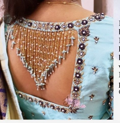 Beaded Saree Blouse, Hanging Blouse Designs, Hanging Blouse, Blouse Designs Aari Work, Blouse Maggam Work, Blue Blouse Designs, Silk Saree Blouse Designs Patterns, Latest Bridal Blouse Designs, Maggam Work Blouse