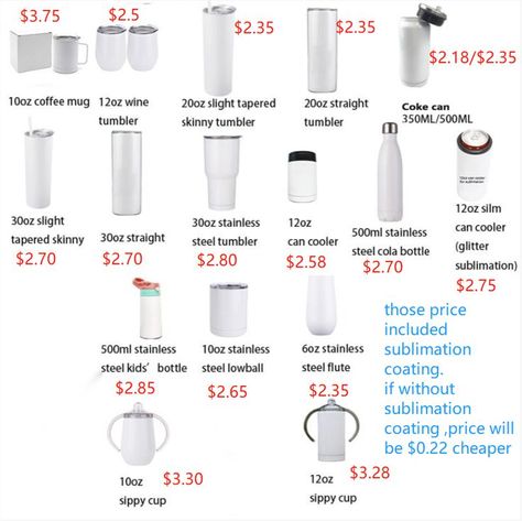 Hello, Dear friend. 

We are a Chinese factory ,design and producing stainless steel Sub tumblers ,water bottles ,cups .

Pls see the price list attached ,you could compare with your current vendor. Hope we could be your supplier.

Buy directly by Alibaba 
https://www.alibaba.com/product-detail/RTS-20oz-sublimation-blank-skinny-tumbler_1600338250590.html?spm=a2747.manage.0.0.866571d2bZNrBS 30 Oz Sublimation Tumbler Designs, Sublimation Tumbler Price List, Sublimation For Tumblers, Sublimation Water Bottle Ideas, Popular Sublimation Tumbler Designs, 40 Oz Sublimation Tumbler, 12 Oz Tumbler Ideas, Cricut Material, Sublimation Water Bottle