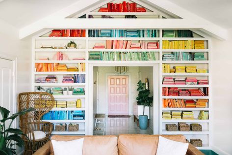 How To Decorate A Bookshelf, Rainbow Interior, Home Library Design Ideas, Colorful Bookshelf, Styling A Bookcase, Ceiling Shelves, Cool Bookshelves, Custom Shelving, Library Wall