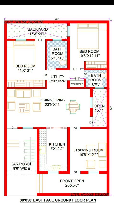 30x50 House plans | 1500 sq ft House Design | 30*50 House Plan | 30x50 East Facing House plans #30x50House #30x50HousePlan #30x50HouseDesign #1500sqftHouse #1500sqftHousePlan #30by50House #CivilHouseDesign #HouseDesign https://youtu.be/POJiqHqboi8 30 X 40 House Plans 3 Bedroom, House Plans 30 X 50, 1600 Sq Ft House Plans Indian, 50 By 50 House Plans, 30x 50 House Plans, 30x50 House Plans East Facing With Vastu, 30 By 50 House Plans Design, 25 By 50 House Plan, 30×50 East Facing House Plan