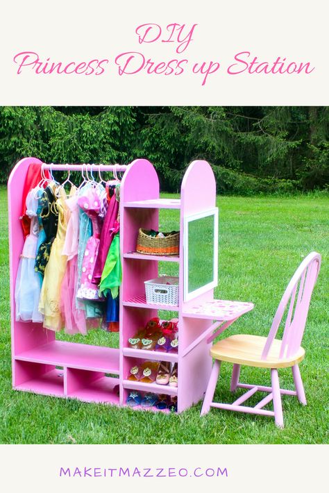 I made this dress up station for my daughter not only is it a perfect place for her dress up dresses and accessories and shoes but also a vanity where she can put on play makeup and be the princess she loves to be! Simple plywood construction means you can build this too!!! Diy Dress Up Station, Vanity In Closet, Makeup Vanity In Closet, Dress Up Stations, Toddler Dress Up, Dress Up Closet, Dress Up Storage, Play Makeup, Toddler Girl Room