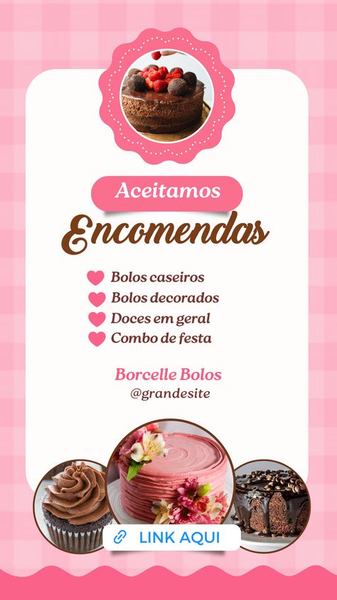 Baixe gratis este template de aceitamos encomendas #combo #festa #bolos #doces #confeitaria #docinhos #encomendas #facasuaencomenda #brigadeiro #kitfesta #story #template Photo Collage Prints, Bake Sale Recipes, Font Combos, Create Your Story, Photo Collage Maker, Candy Cake, Flyer Maker, Printing Business Cards, Print Collage