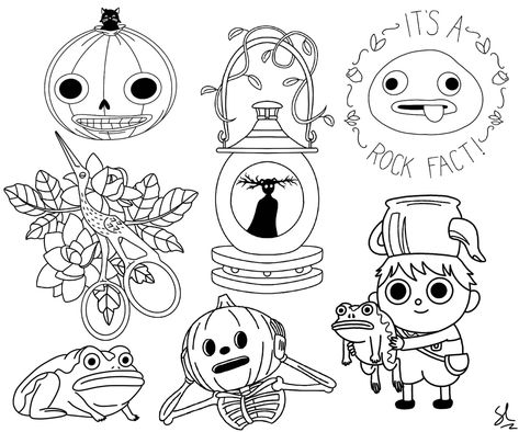 flash designs by Sage Lemoi (autumn, fall, pumpkin, frog) Small Over The Garden Wall Tattoo, Over The Garden Wall Tattoo Ideas, Over The Garden Wall Tattoo Simple, Otgw Tattoo, Over The Garden Wall Pumpkin, Over The Garden Wall Tattoo, Tattoo Over Scar, Pumpkin Tattoo, Autumn Tattoo