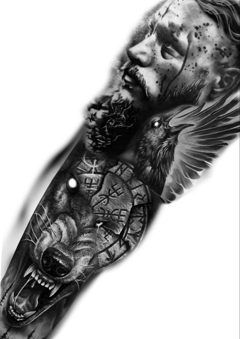 Ragnar Tattoo Design, Viking Arm Tattoo For Men, Viking Wolf Tattoo Design, Arm Tattoo Viking, Ragnarok Tattoo, Viking Wolf Tattoo, Ragnar Tattoo, Ragnar Lothbrok Tattoo, Viking Sleeve