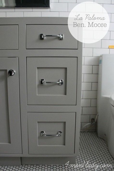 favorite new gray...La Paloma by: Benjamin Moore. 4men1lady.com Repainting Cabinets, Things Paint, Painted Cabinets, Kitchen Refresh, Gray Kitchen, Boys Bathroom, Upstairs Bathrooms, Bathroom Redo, Interior Paint Colors