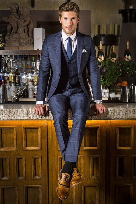 Osh looks unbelievably dapper in this Lambretta Navy Check Three Piece Suit. Model: Osh Mackenzie. Shop now: https://www.slaters.co.uk/fellini-blue-check-three-piece-suit Checked Suits Men, Navy Check Suit, Sport Coat Outfit, Graduation Suit, Blue Check Suit, I Love Men, A Man In A Suit, Man In A Suit, Mens Fashion Business