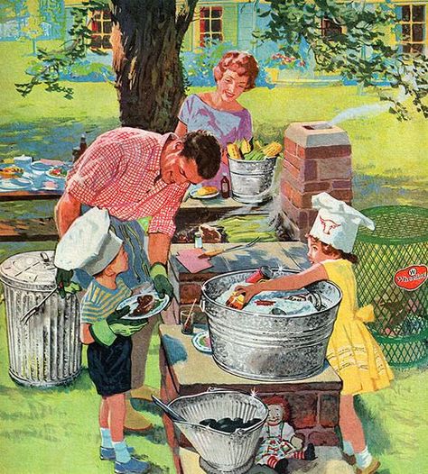 2 children, 2 parents, boat load of food and drinks for family picnic, with neighbors invited. 가족 일러스트, Roger Wilkerson, Vintage Housewife, Vintage Drawing, Family Illustration, Images Vintage, Family Art, Norman Rockwell, Vintage Life