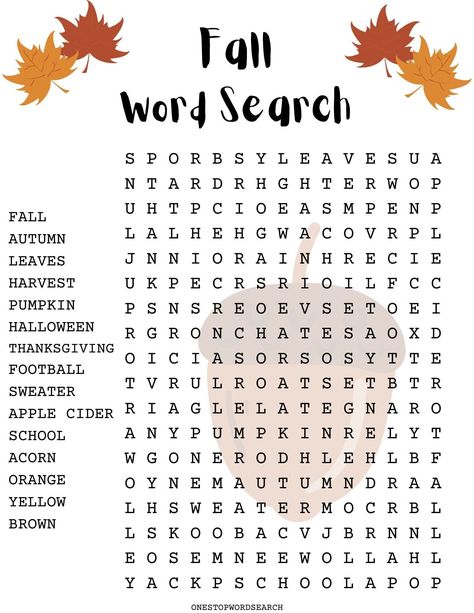 This fun "Fall Word Search" game is family fun for all age groups. Great for some quality time together in the Fall season, or to do leading up to the first day of Autumn.   People of all ages can enjoy this puzzle together! It can also help with children's word recognition and spelling. Great for schools, daycare, and child centers. This listing is for an instant digital DOWNLOAD. No physical product will be sent. This puzzle is non-editable. WHAT IS INCLUDED? - One PDF puzzle on an 8.5 x 11 si Fun Fall Activities For School Age, Fall Student Activities, October Games For Kids, Fall Spelling Words, Fun Fall School Activities, Fall Activities For After School Program, Fall Activities For 5th Grade, Fall Activities For Workplace, Fall Craft 4th Grade