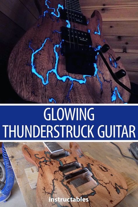 Give your ordinary guitar a bold look by burning in lichtenberg figures and filling them with glowing resin. #audio #music #instrument #epoxy #woodworking #lightening #electric #thunderstruck #glowing #pigment Old Guitar, Lichtenberg Figures, Luthier Guitar, Guitar Diy, Electric Guitar Design, Guitar Finishing, Unique Guitars, Deco Home, Lightning Bolts