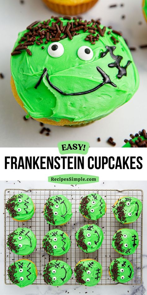 These Frankenstein Cupcakes are a fun, spooky treat perfect for Halloween. All you need is a box of cake mix, frosting, and fun decorations. Easy Halloween dessert! Halloween Bark, Fun Halloween Desserts, Sprinkle Cupcakes, Fun Cupcake Recipes, Frankenstein Halloween, Spooky Treats, Chocolate Sprinkles, Green Food Coloring, Vanilla Frosting