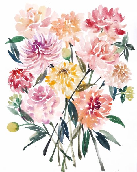 Dahlia Bouquet Drawing, Dahlia Flower Watercolor, Watercolour Dahlia, Dahlia Flower Tattoos, Dahlia Watercolor, Dahlia Painting, Bouquet Watercolor Painting, Watercolor Dahlia, Dahlia Tattoo