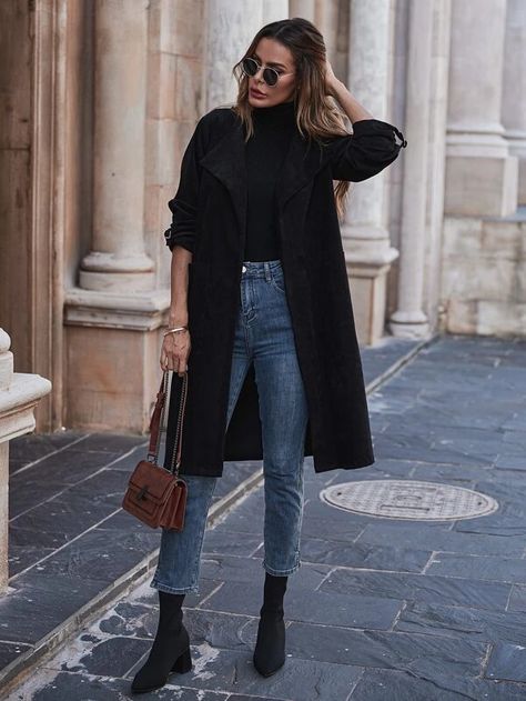 Roll Up Sleeve Dual Pockets Trench Coat | SHEIN USA How To Style Black Trench Coat, Black Overcoat Outfit, Black Trenchcoat Outfit, Black Trench Coat Outfit, Winter Outfit Black, Black Coat Outfit, Trench Outfit, Capsule Wardrobe Women, Black Trench Coat