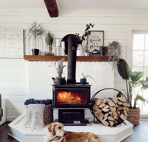 Wood Burning Stove Accessories, Wood Stove Farmhouse Style, Wood Stove Modern Farmhouse, Woodstoves For Small Spaces, White Brick Wood Stove, Wood Stove Entryway, Wood Stove Center Of Wall, Decor Around Pellet Stove, How To Decorate Around A Pellet Stove