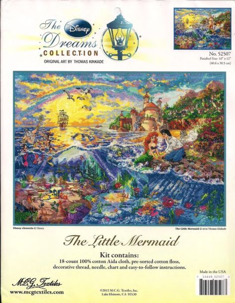 Thomas Kinkade Cross Stitch Patterns, Chicken Cross Stitch, Kinkade Disney, Thomas Kinkade Disney, Mermaid Cross Stitch, Cross Stitch Gallery, Fantasy Cross Stitch, Hand Embroidery Kits, Disney Dreams