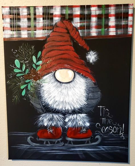 Ice Skating Gnome, Christmas Gnomes Drawing, Christmas Gnome Painting, Gnomes Painted, Gnome Paintings, Seasonal Gnomes, Paint Autumn, Friends Crafts, Gnome Painting