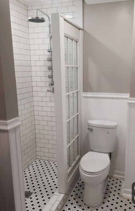 Tile Shower Without Glass Door, Bathrooms With Pony Walls, Diy Tiny Bathroom Remodel, Stand Up Shower Small Bathroom, Vintage Look Bathroom, Small Basement Bathroom Ideas, Small Vintage Bathroom, Inexpensive Bathroom Remodel, Bathroom Renovation Diy