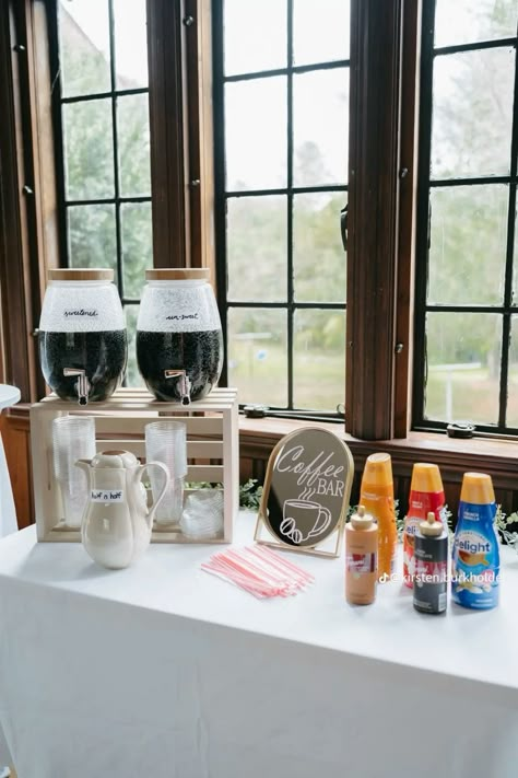 Coffee Bar Breakfast Party, Coffee Bar At A Wedding, Coffee And Tea Station Party, Spring Wedding Catering Ideas, Brunch Bridal Shower Centerpieces, Cold Brew Coffee Bar Party, Coffee Bar For A Party, Wedding Coffee And Tea Bar, Diy Coffee Bar Party