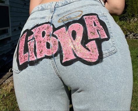 Birthday Outfits September, Libra Birthday Outfit Ideas, Libra Aesthetic Pics, Libra Birthday Shoot, Painted Birthday Pants, Zodiac Jeans Photoshoot, Birthday Jeans Painted, Painted Jeans Birthday, Zodiac Sign Jeans