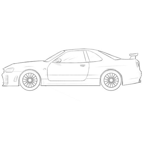 Skyline Gtr R34 Drawing Easy, Car Drawing Side View, Skyline Gtr Drawing, Car Drawing Sketches Easy, Car Side View Sketch, Gtr Sketch, Nissan Skyline R34 Drawing, Car Outline Drawing, Supra Drawing