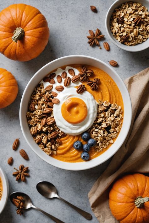 A photo of a  Pumpkin Spice Yogurt Bowl which is a type of fall yogurt bowls Easy Breakfast Ideas Yogurt, Pumpkin Yogurt Bowl, Fall Yogurt Bowls, Healthy Yogurt Bowls, Yogurt Bowl Ideas, Breakfast Yogurt Bowl, Yellow Breakfast, Healthy Low Calorie Breakfast, Greek Yogurt Bowl