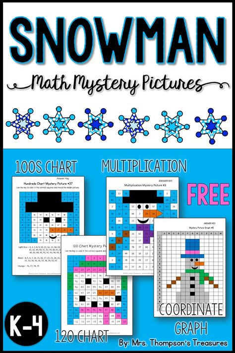 Math Mystery Pictures Free, Mystery Pictures Free, Snowman Math, January Math, Winter Math Activities, 100's Chart, Math Mystery Picture, 120 Chart, Coordinate Grid