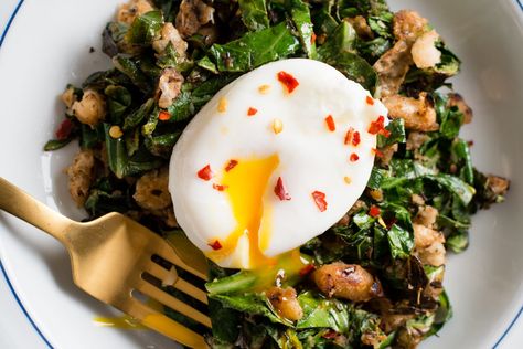 Recipe: Crispy White Beans With Greens and Poached Egg | Kitchn Green Mediterranean Diet, Diet Recipes Breakfast, Mediterranean Diet Breakfast Recipes, Mediterranean Diet Recipes Breakfast, Mediterranean Diet Breakfast, Cooking Spinach, Dandelion Greens, Mediterranean Breakfast, Dandelion Jelly